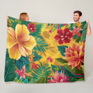 Tropical Floral, Radiant Blossoms and Lush Foliage Fleece Blanket