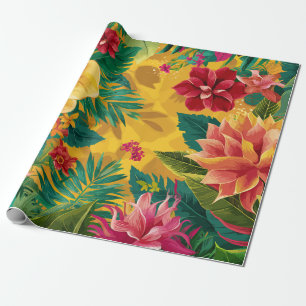 Tropical Floral, Radiant Blossoms and Lush Foliage Wrapping Paper