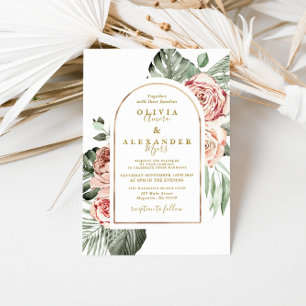 Tropical Floral Roses and Palm Leaves Wedding Invitation