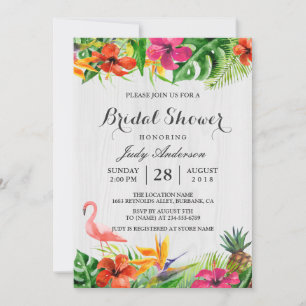Tropical Floral Rustic Wood Flamingo Bridal Shower Invitation