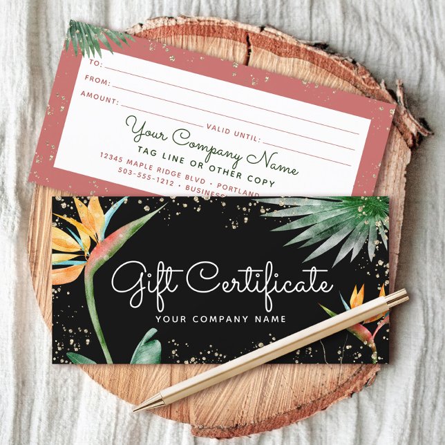 Tropical Floral Script Black Gold Gift Certificate (Creator Uploaded)