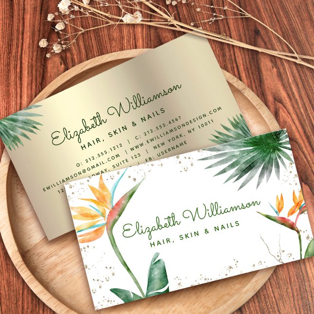 Tropical Floral Script Gold White Beauty Salon Business Card (Creator Uploaded)
