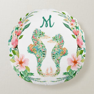 Tropical Floral Seahorse Couple Monogram Round Cushion