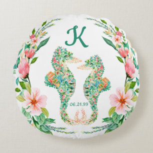 Tropical Floral Seahorse Newlyweds Monogram Round Cushion