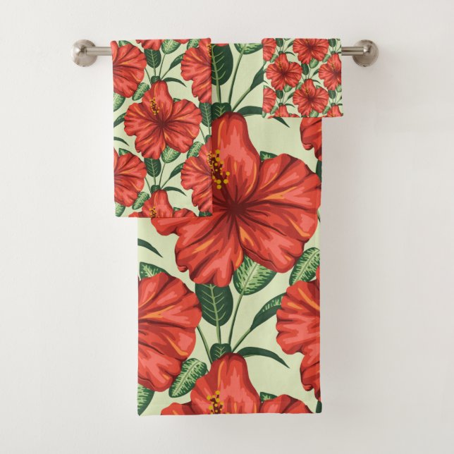Tropical floral seamless pattern red flowers bath towel set (Insitu)
