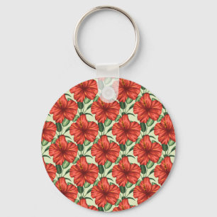 Tropical floral seamless pattern red flowers key ring
