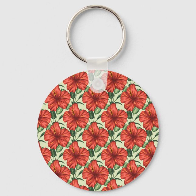 Tropical floral seamless pattern red flowers key ring (Front)