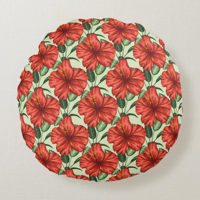 Tropical floral seamless pattern red flowers round cushion (Front)