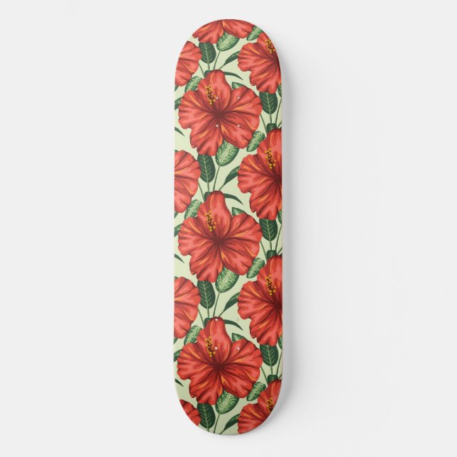 Tropical floral seamless pattern red flowers skateboard (Front)