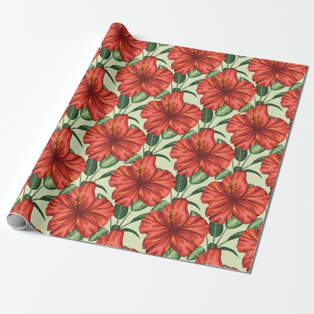 Tropical floral seamless pattern red flowers wrapping paper (Unrolled)