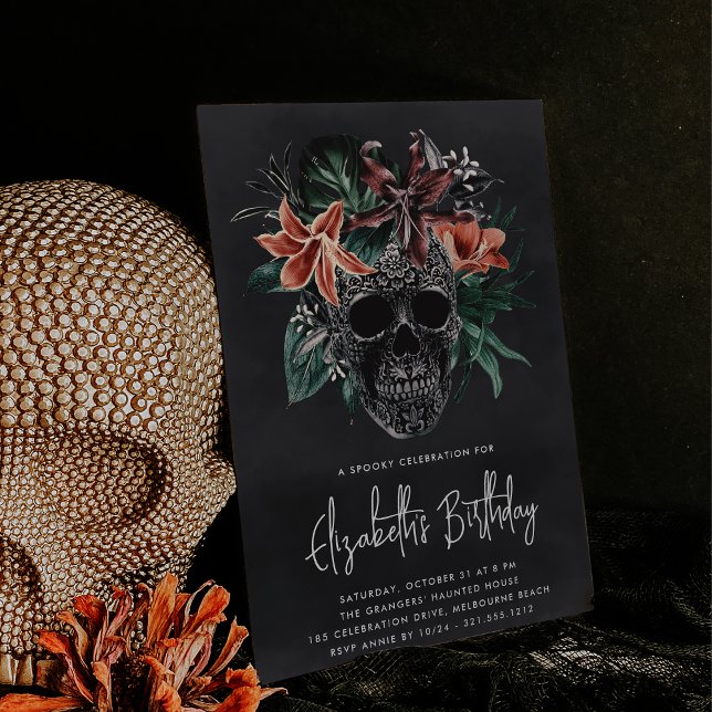 Tropical Floral Skull Halloween Birthday Party Invitation (Creator Uploaded)