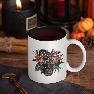 Tropical Floral Skull Halloween Two-Tone Coffee Mug