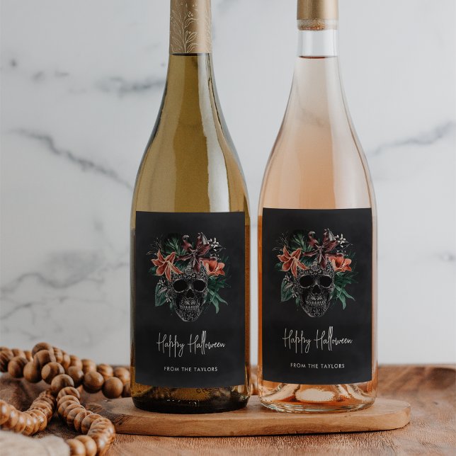 Tropical Floral Skull Halloween Wine Label (Creator Uploaded)