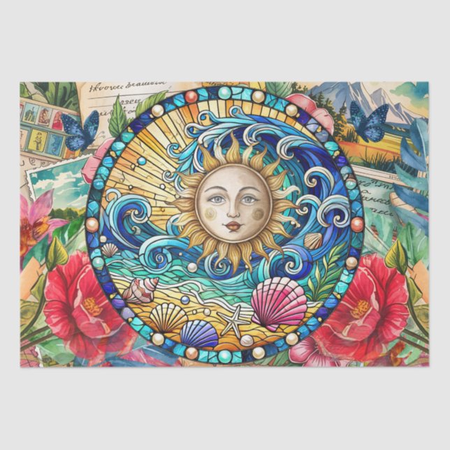 Tropical Floral Stained Glass Sun Face Decoupage Tissue Paper (Front)