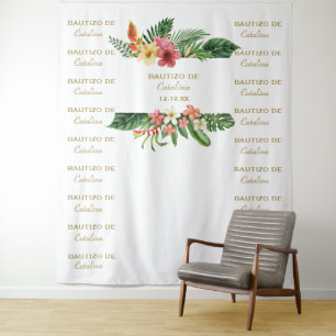 Tropical Floral Step & Repeat Bautizo Backdrop Tapestry