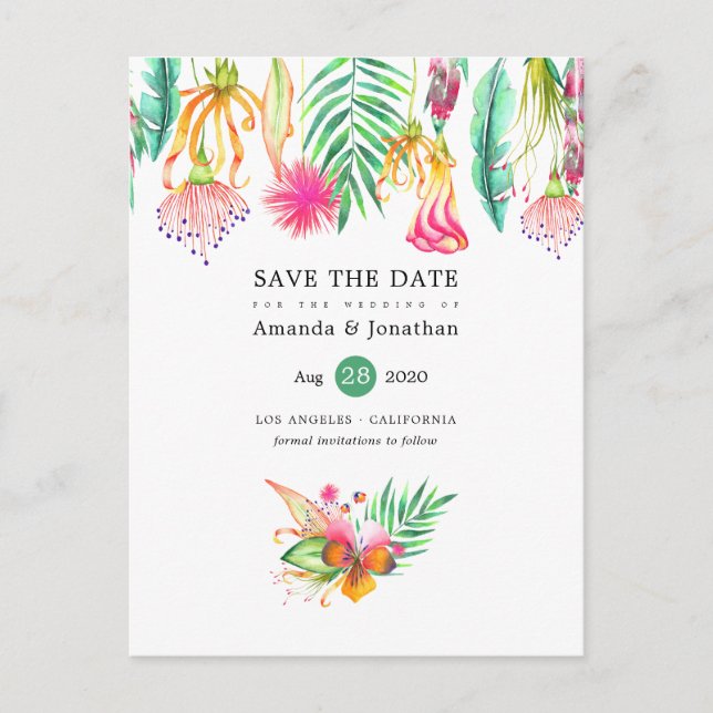 Tropical Floral Summer Beach Wedding Save the Date Announcement Postcard (Front)