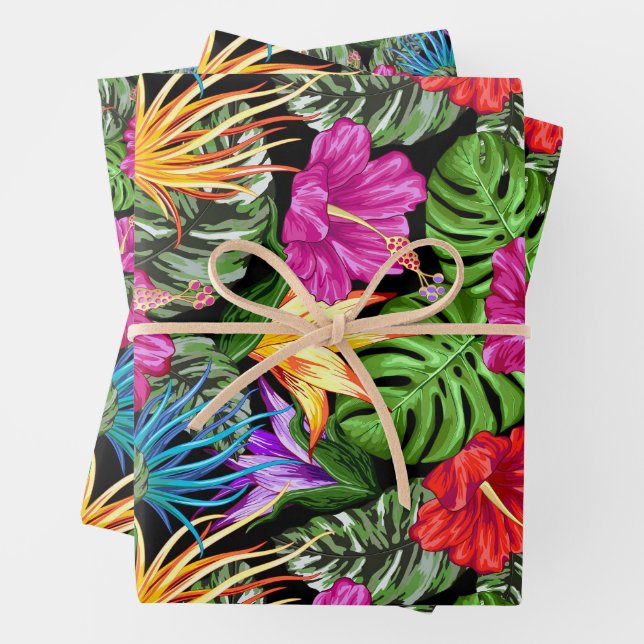 Tropical Floral Summer Mood Pattern Wrapping Paper Sheet (In situ)