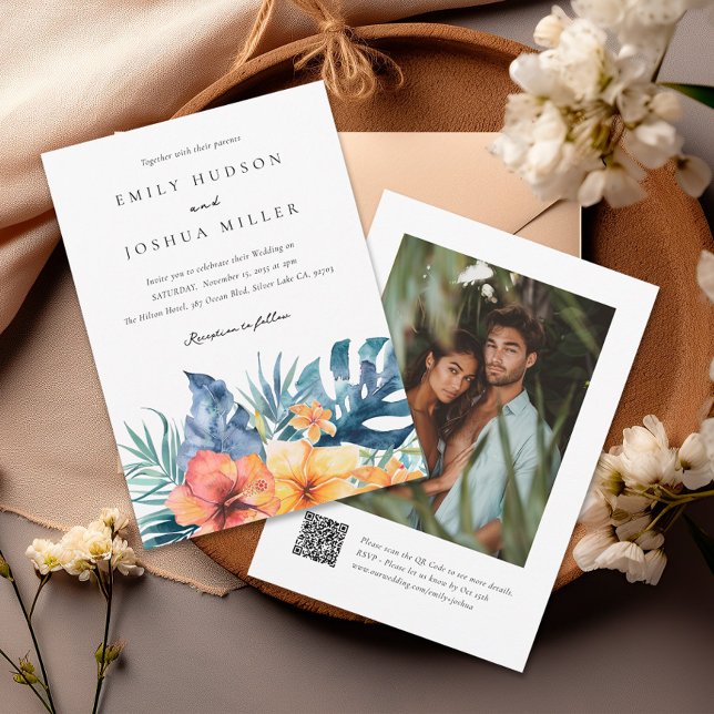 Tropical Floral Summer QR Photo Wedding Invitation (Creator Uploaded)
