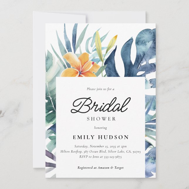 Tropical Floral Summer Watercolor Bridal Shower Invitation (Front)