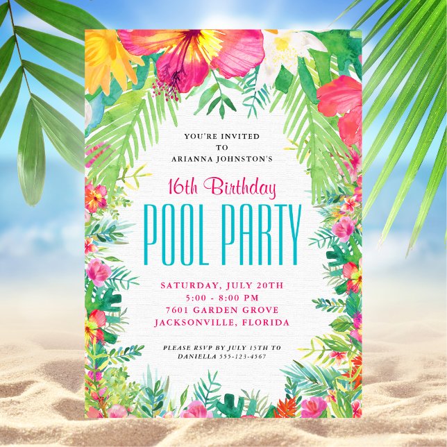 Tropical Floral Swimming Pool Party Birthday Invitation (Creator Uploaded)