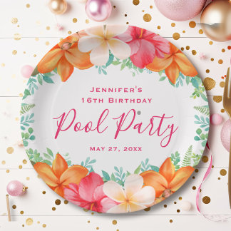 Tropical Floral Swimming Pool Party Birthday Paper Plate