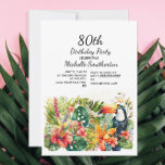 Tropical Floral Toucan 80th Birthday  Invitation<br><div class="desc">Women's 80th Birthday party invitation with a majestic toucan on tropical leaves and floral background.  This card can be customised for anyone of any age.  Contact me for assistance with your customisations or to request additional matching or coordinating Zazzle products for your celebration.</div>