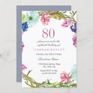 Tropical Floral Watercolor 80th Birthday Invite