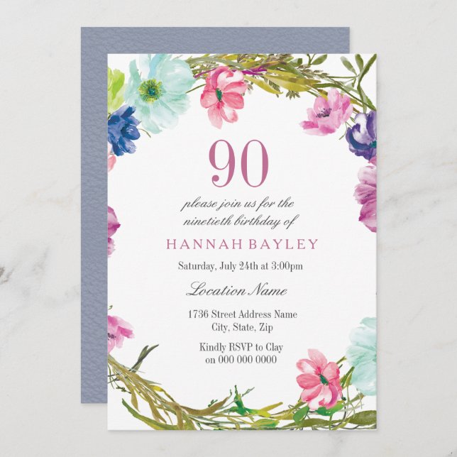 Tropical Floral Watercolor 90th Birthday Invite (Front/Back)