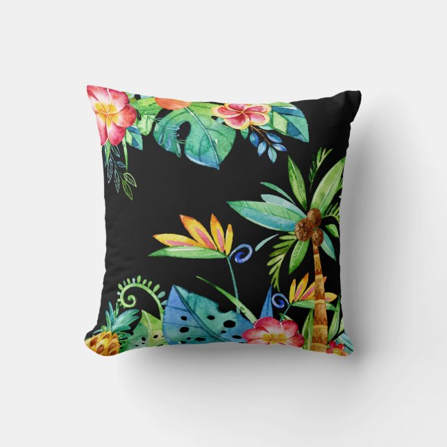 Tropical Floral Watercolor Black Cushion (Front)