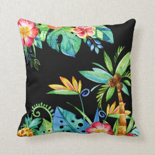 Tropical Floral Watercolor Black Cushion