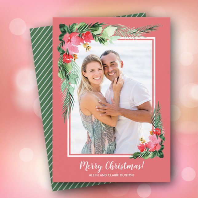 Tropical Floral Watercolor Christmas Photo Holiday Card (Creator Uploaded)