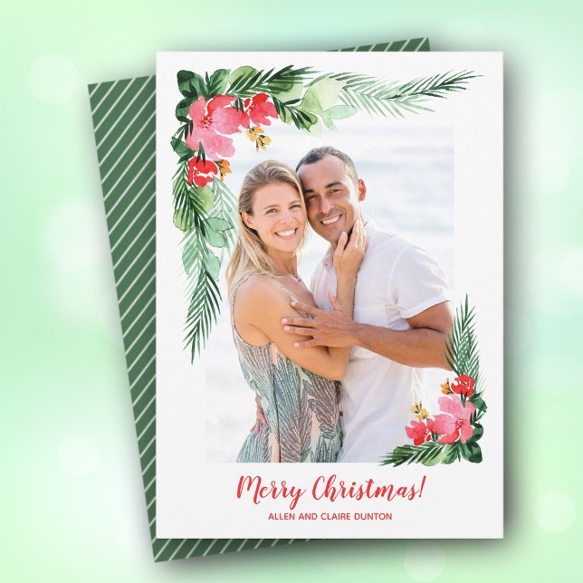 Tropical Floral Watercolor Christmas Photo Holiday Card (Creator Uploaded)