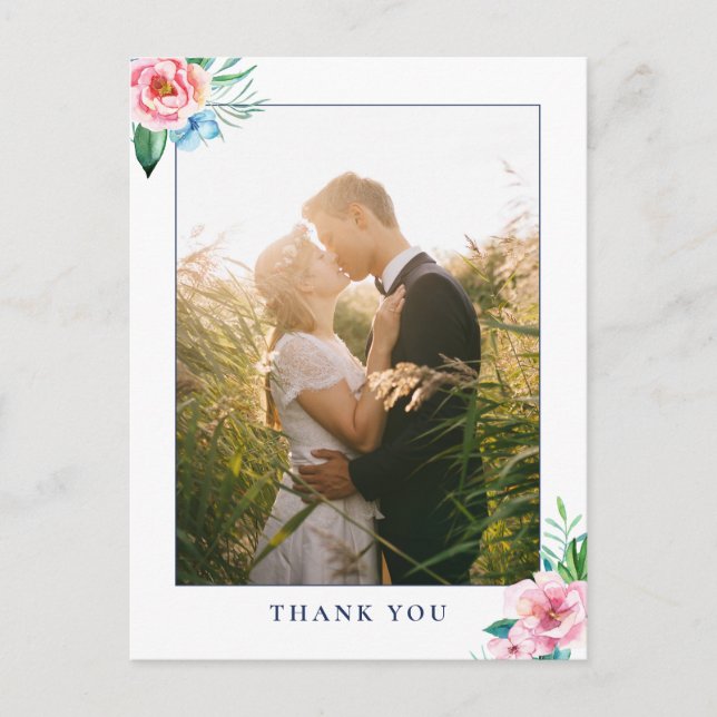 Tropical Floral Watercolor Wedding Photo Thank You Postcard (Front)