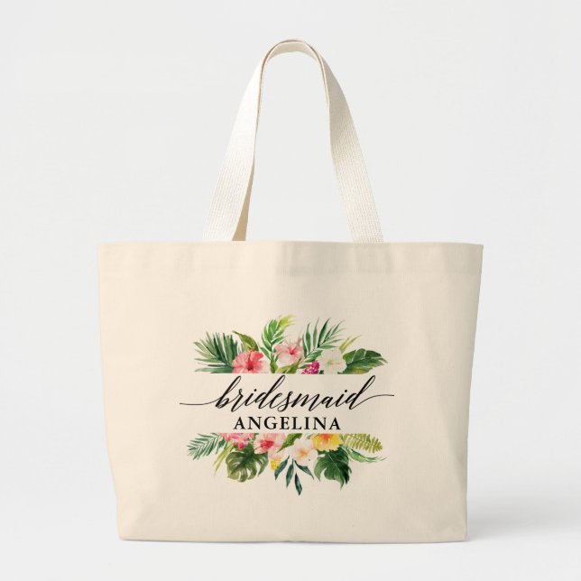Tropical Floral Wedding Calligraphy Bridesmaid Large Tote Bag (Front)