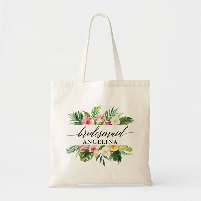 Tropical Floral Wedding Calligraphy Bridesmaid Tote Bag (Front)