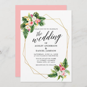 Tropical Floral Wedding Calligraphy Gold Frame Invitation