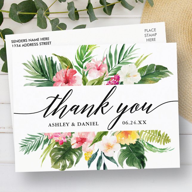 Tropical Floral Wedding Calligraphy Thank You Postcard (Customize to change your personalized text size or text style.)