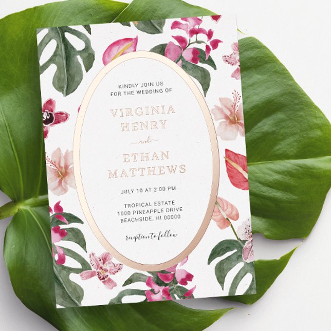 Tropical Floral Wedding Foil Invitation (Elegant Tropical Floral Wedding Foil Invitation by Painted Paperie)