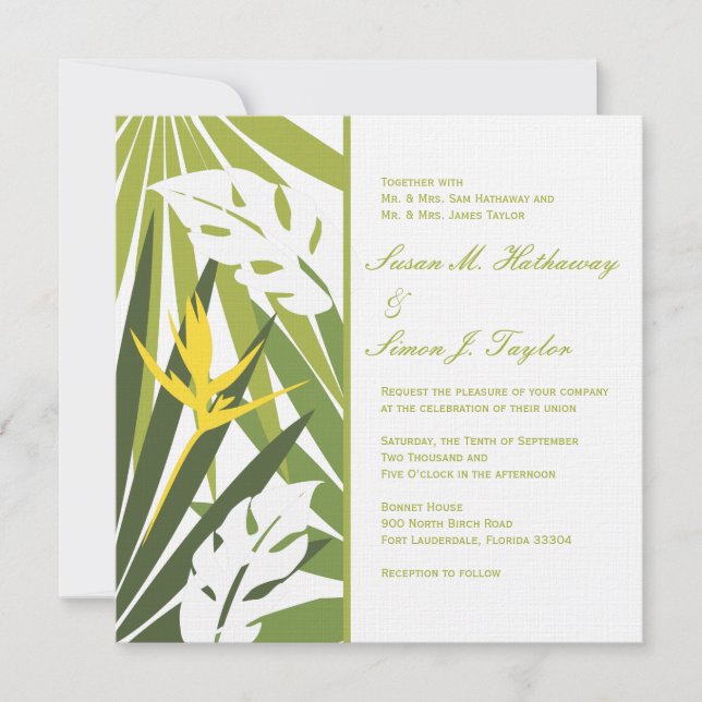 Tropical Floral Wedding Invitation - Green Yellow (Front)