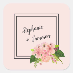Tropical Floral Wedding Large Pink & Peach Square Sticker