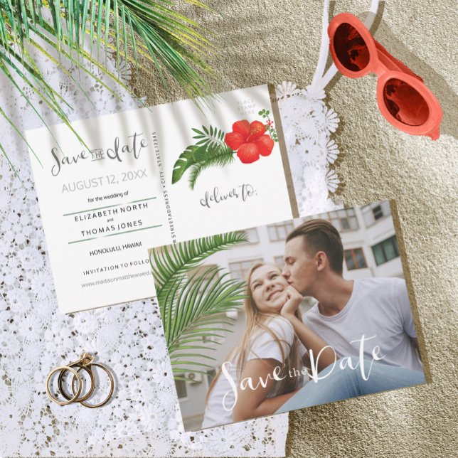 Tropical Floral Wedding Save the Date ID475 Announcement Postcard (Creator Uploaded)