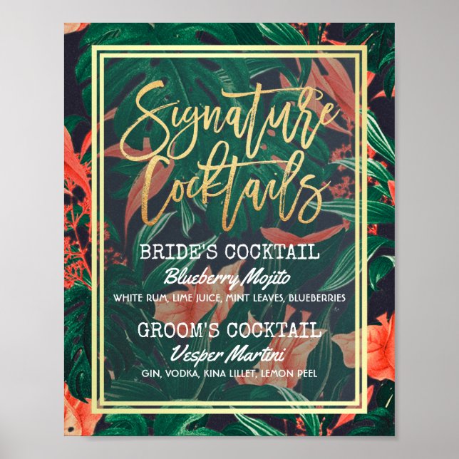 Tropical Floral Wedding Signature Drink Menu Poster (Front)