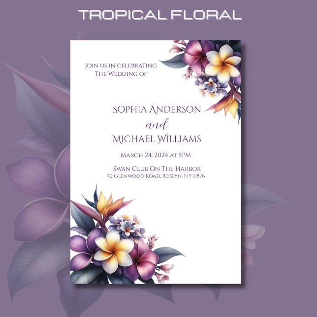 Tropical Floral Wedding Theme Invitation (Tropical Floral Wedding Invitation-Beach Wedding-Island-Hawaiian-Purple)