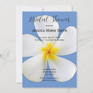 Tropical Floral, White Plumeria on Blue, Bridal Invitation