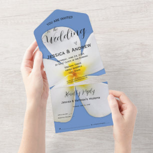 Tropical Floral, White Plumeria on Blue, Wedding All In One Invitation