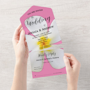 Tropical Floral, White Plumeria on Pink, Wedding All In One Invitation