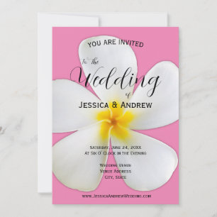 Tropical Floral, White Plumeria on Pink, Wedding Invitation
