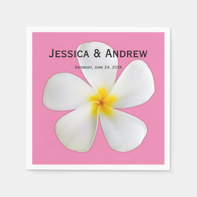 Tropical Floral, White Plumeria on Pink, Wedding Napkin (Front)