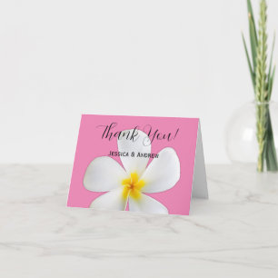 Tropical Floral, White Plumeria on Pink, Wedding Thank You Card