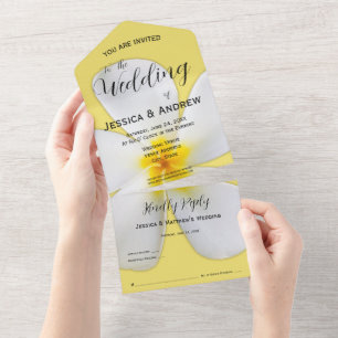 Tropical Floral, White Plumeria on Yellow, Wedding All In One Invitation